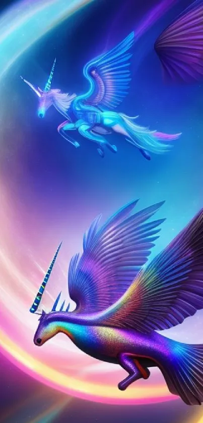 Magical unicorns flying in a colorful night sky.