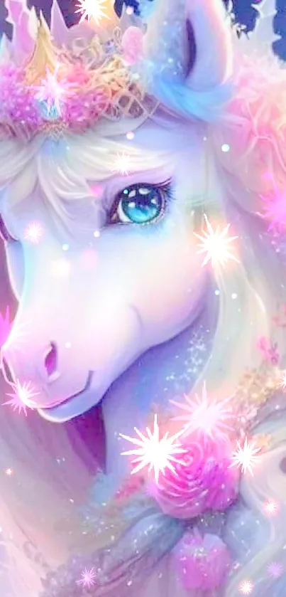 Magical unicorn with floral crown in dreamy fantasy art.