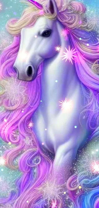 Magical unicorn with pastel mane in fantasy art wallpaper.