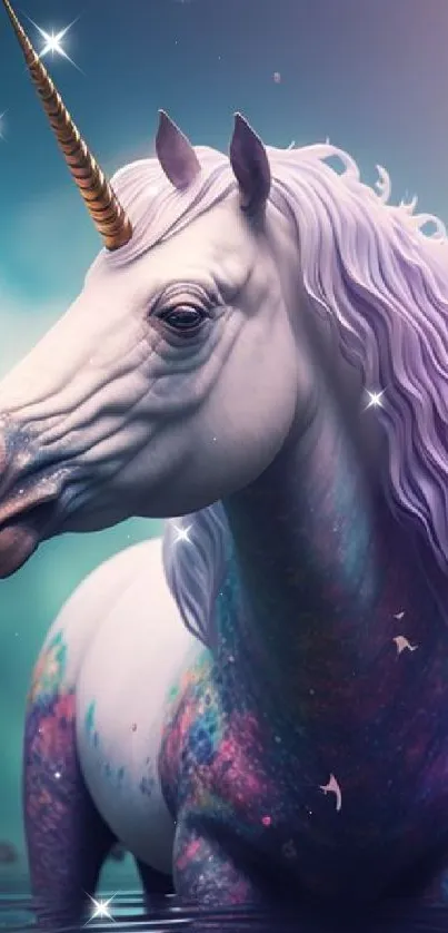 Magical unicorn with a colorful mane in a mystical fantasy setting.