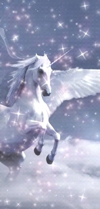 A mystical unicorn with wings in a sparkling, magical galaxy setting.