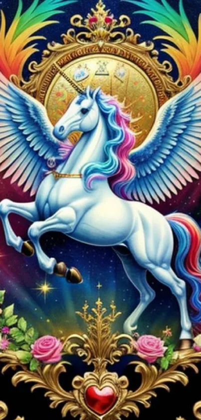 Vibrant unicorn wallpaper with colorful wings and ornate golden details.