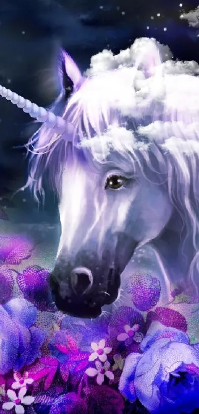 Fantasy unicorn with purple flowers in starry night sky.