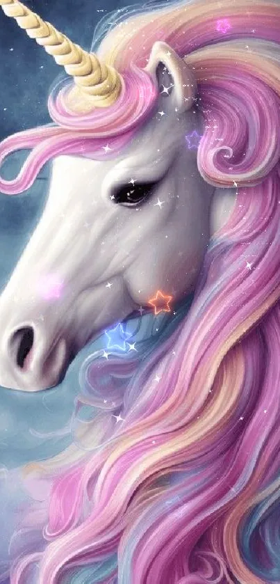 A stunning unicorn with pastel mane in a fantasy-themed mobile wallpaper.