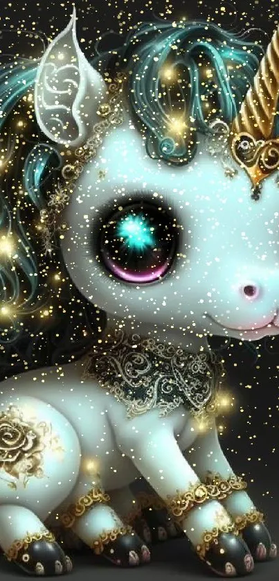 Cute mystical unicorn with glowing accents on a dark fantasy background.