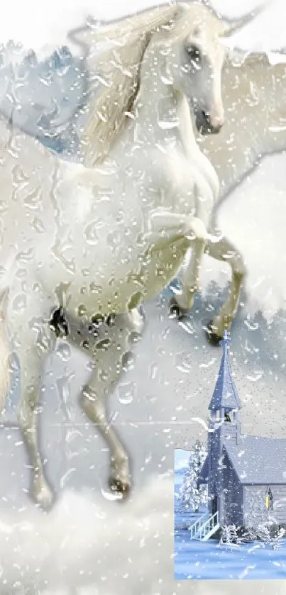 Magical unicorn in snow with church backdrop.