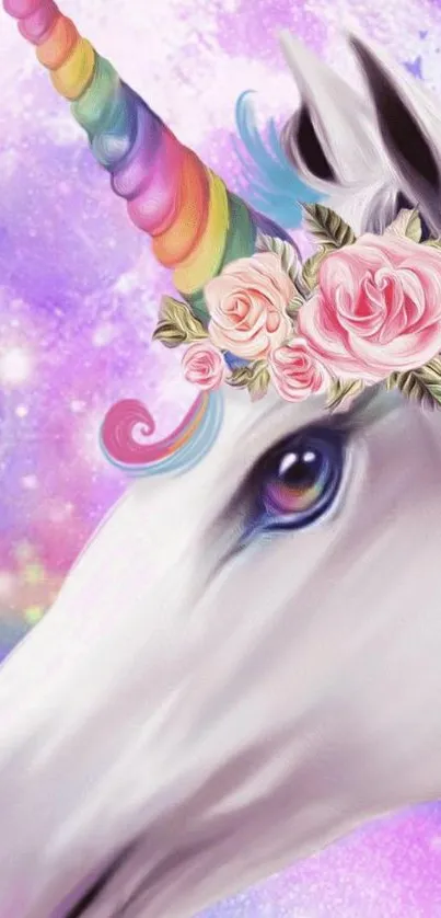 A magical unicorn with rainbow horn and floral crown on a starry lavender background.