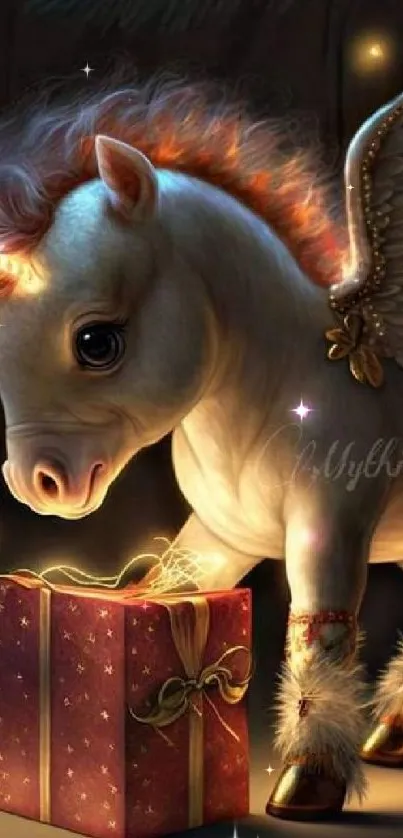 Fantasy art of winged unicorn with gift box glowing in warm light.