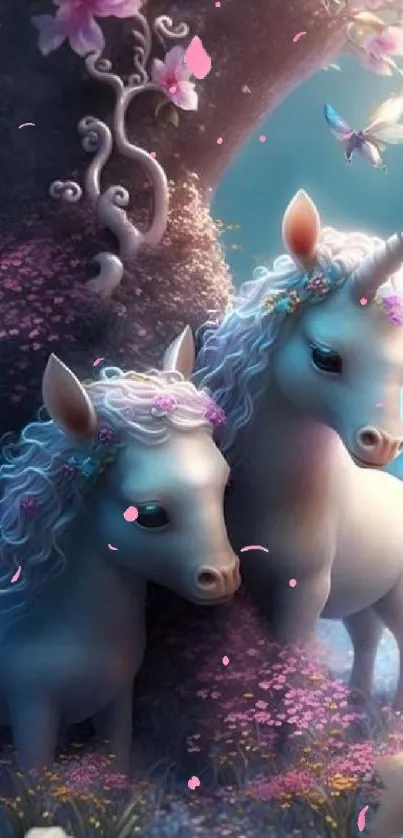 Enchanting unicorns amidst a magical forest with butterflies and flowers.