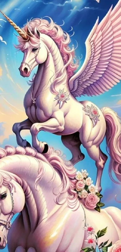 Magical winged unicorns with roses on a vibrant sky backdrop.