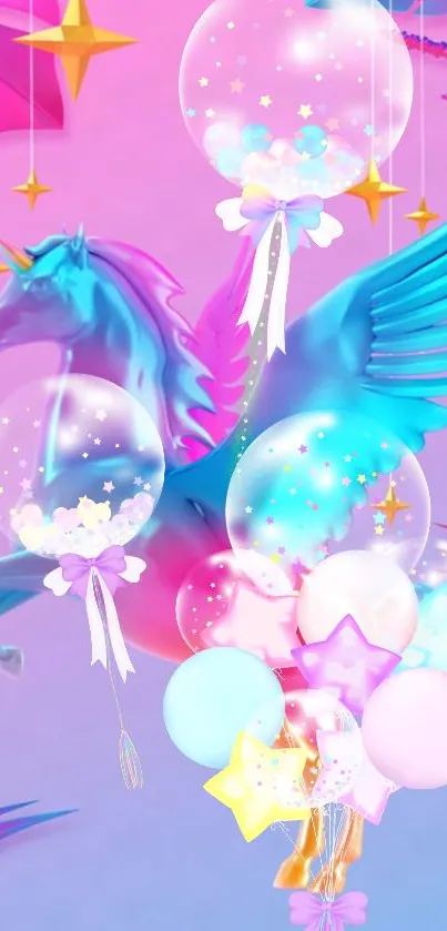 A magical unicorn with balloons and stars in a pink and blue fantasy setting.