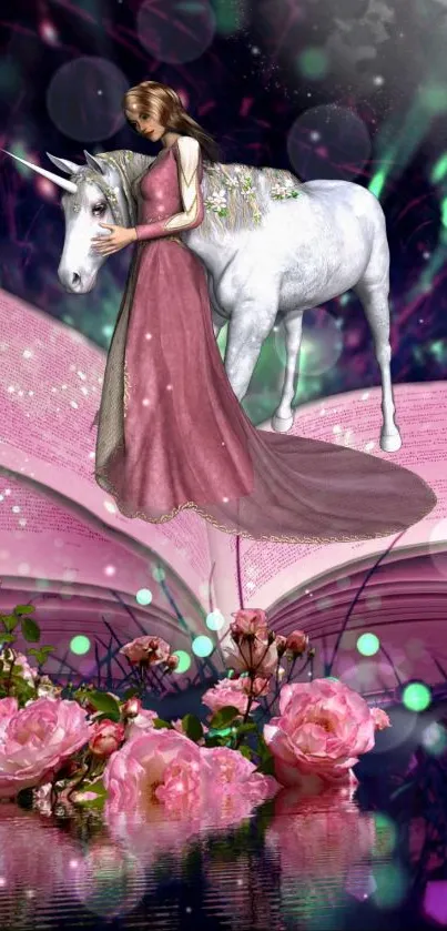 Fantasy art with unicorn, lady, and flowers in pink tones.