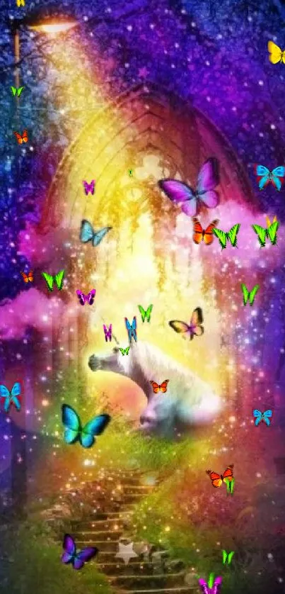 A vibrant unicorn and butterfly fantasy scene under a colorful mystical archway.