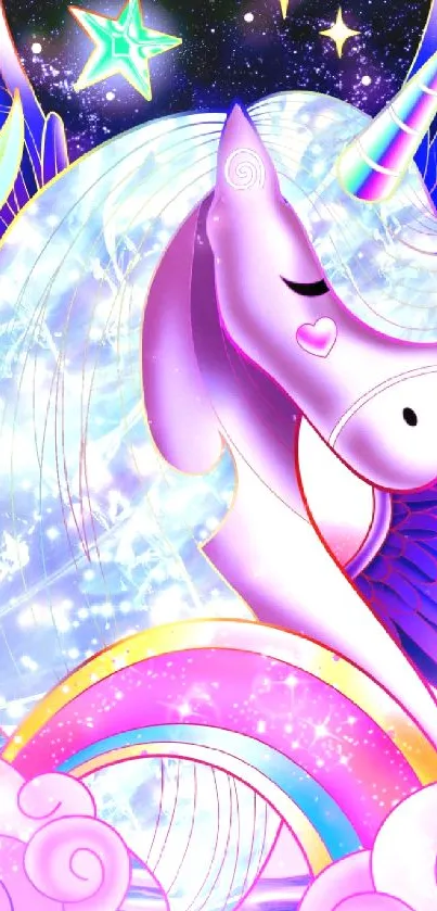 Colorful unicorn fantasy wallpaper with stars and hearts.