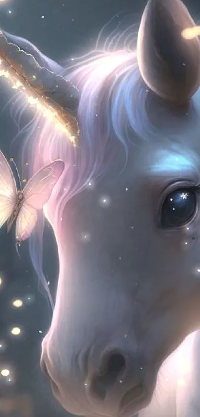 Magical unicorn with glowing horn and butterfly in a fantasy setting.