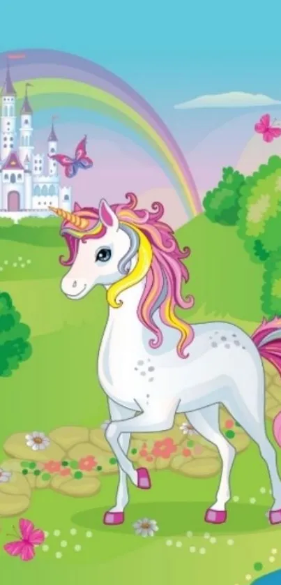 A colorful unicorn standing near a castle with a rainbow in the background.