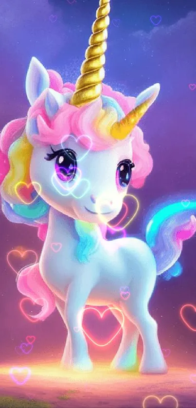 Cute unicorn with rainbow mane and golden horn in a magical fantasy setting.