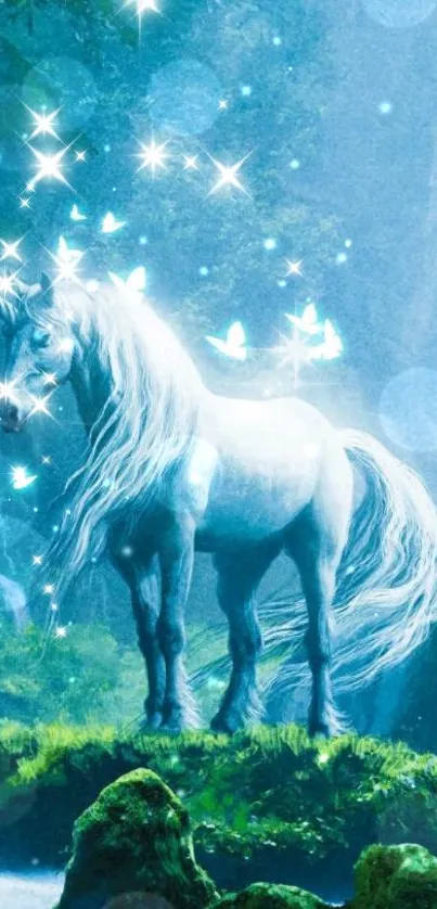 Magical unicorn with butterflies and sparkles in a fantasy forest setting.