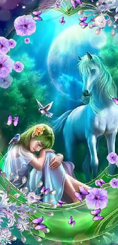 Fantastical scene with unicorn, fairy, butterflies, and flowers in a mystical setting.