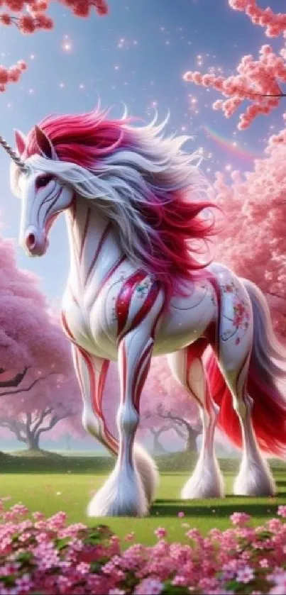 Magical unicorn with pink mane amidst cherry blossoms in a serene landscape.