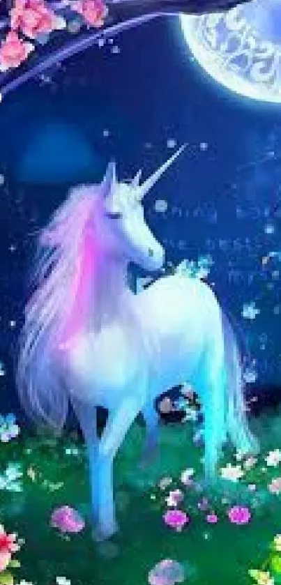 Magical unicorn in a floral fantasy landscape with glowing moon and night sky.