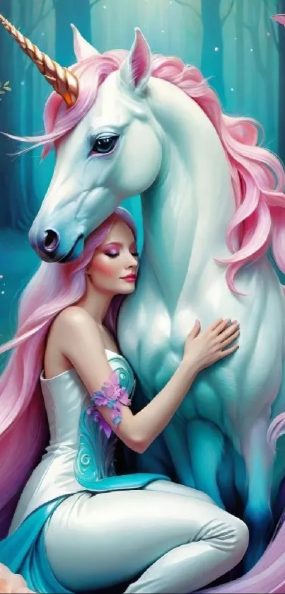 A beautiful woman embracing a unicorn in a fantasy forest setting.