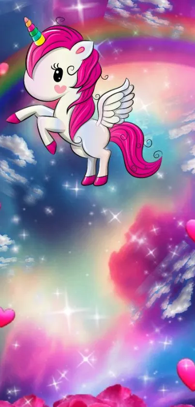 Magical unicorn with rainbow and hearts in a dreamy sky wallpaper.