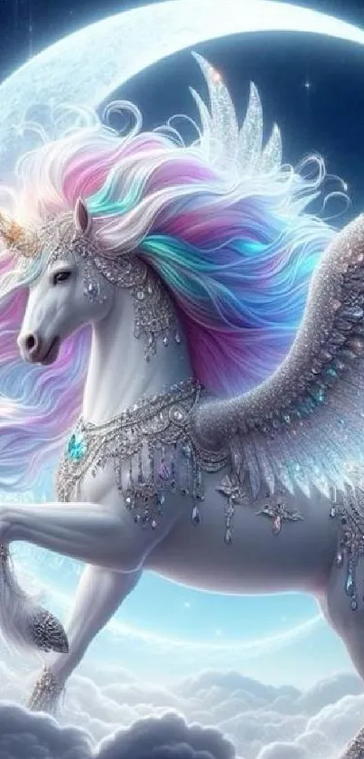 Mystical unicorn with wings in a moonlit fantasy scene.