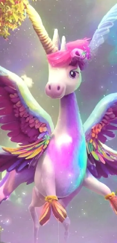 Vibrant unicorn with wings in a magical fantasy scene.