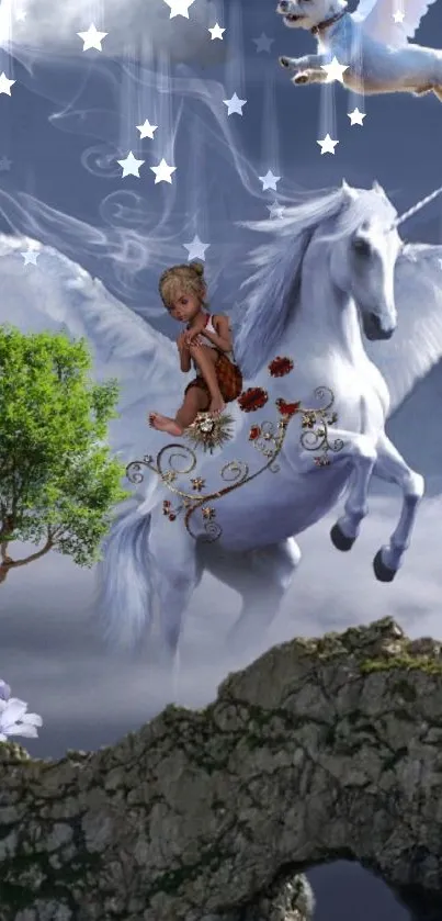 Magical unicorn with child in a mystic sky backdrop.