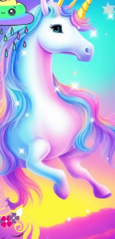 Colorful unicorn with rainbow mane on a starry sky.