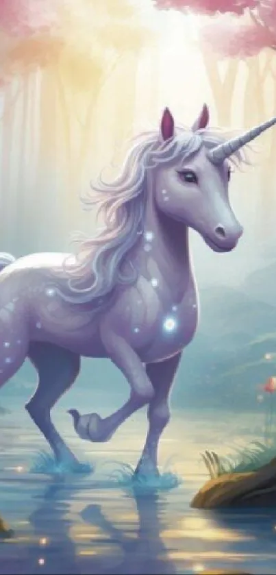 A mystical unicorn in a pastel enchanted forest scene.