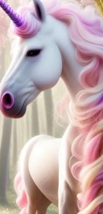 Magical unicorn with pastel pink and purple mane in a fantasy forest scene.