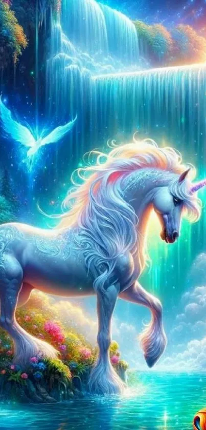 Unicorn standing by a mystical waterfall in vibrant colors.