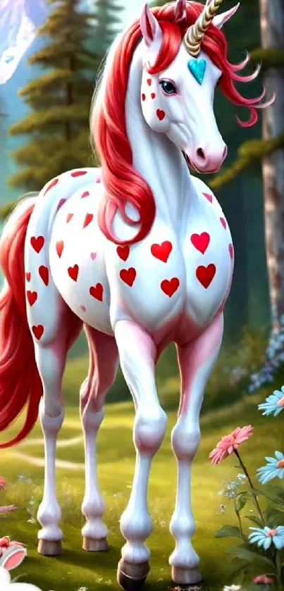 Fantasy unicorn with heart patterns in a vibrant forest setting.