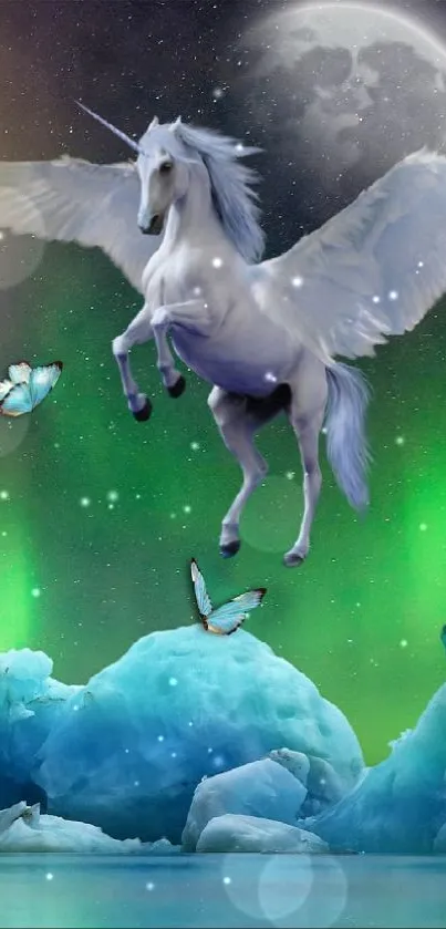Fantasy wallpaper with unicorn, butterflies, and northern lights over icy landscape.