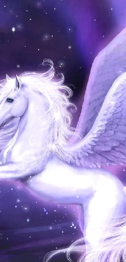 Majestic white unicorn with wings in a cosmic purple starry sky.