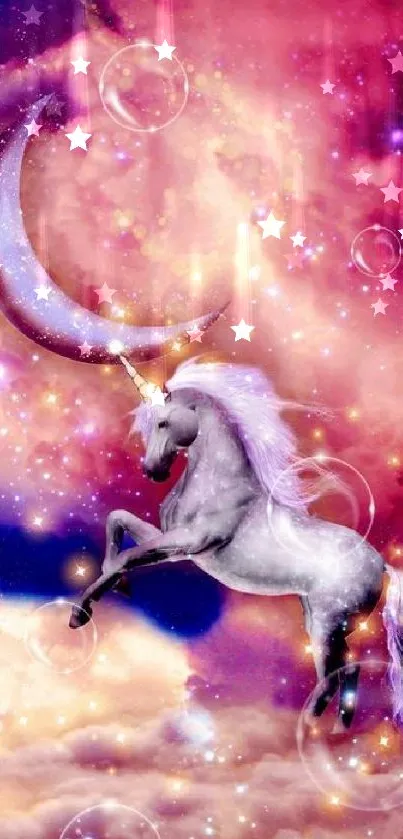 Vibrant unicorn wallpaper with pink clouds and a crescent moon.