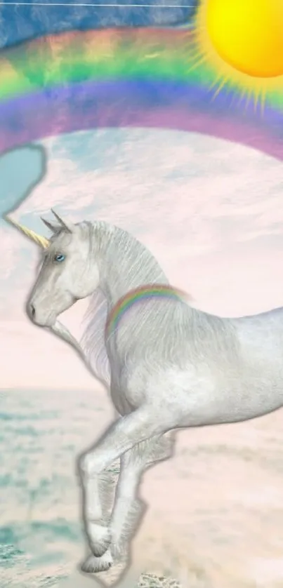 Unicorn under a rainbow with a bright sun in a fantasy landscape.