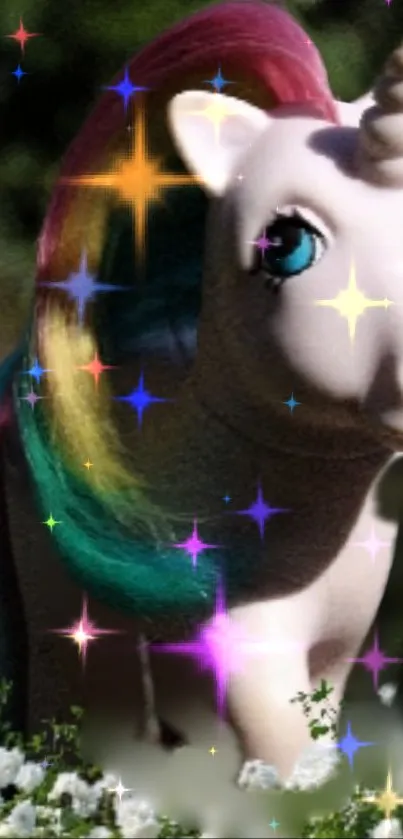 Magical unicorn wallpaper with rainbow mane and sparkles.