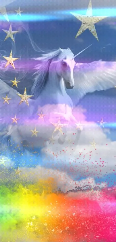 Magical unicorn with vibrant colors and stars in a fantasy-themed wallpaper.