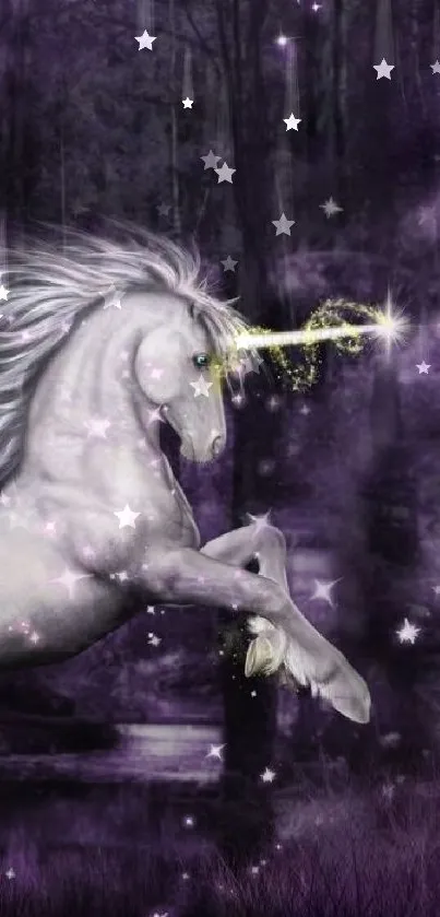 Magical unicorn prancing in a mystical purple forest.