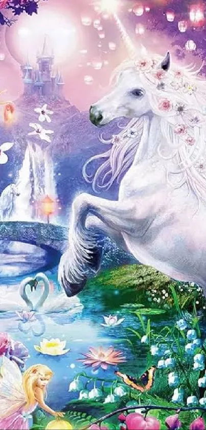 Magical unicorn with fairies and castle in a serene fantasy landscape.