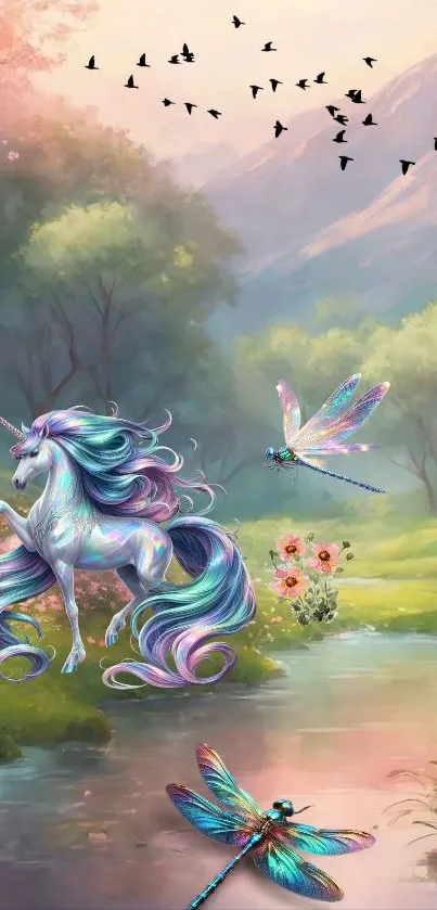 Magical unicorn and dragonflies in a serene fantasy landscape.