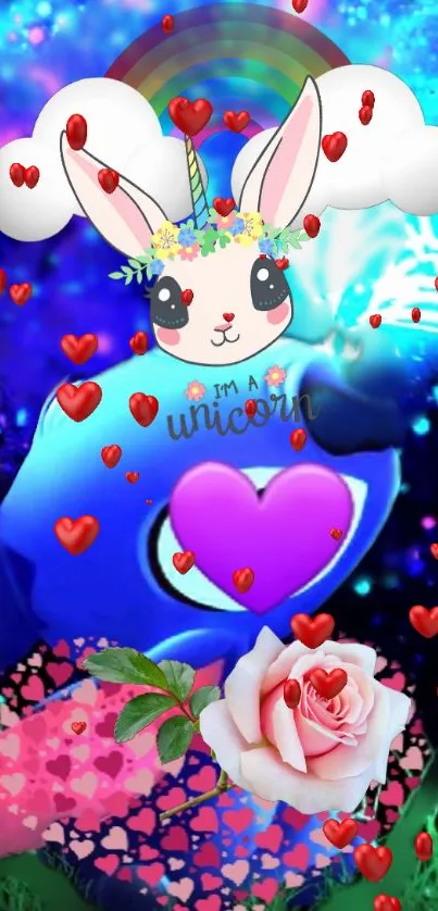 Magical unicorn theme with hearts and vibrant colors.