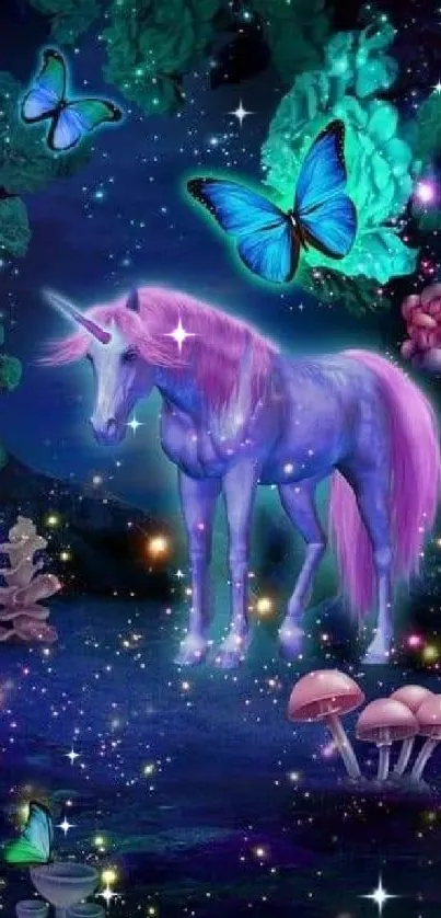 Magical unicorn with vibrant butterflies in a mystical forest.