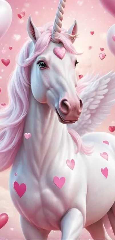 Pink unicorn with hearts mobile wallpaper.