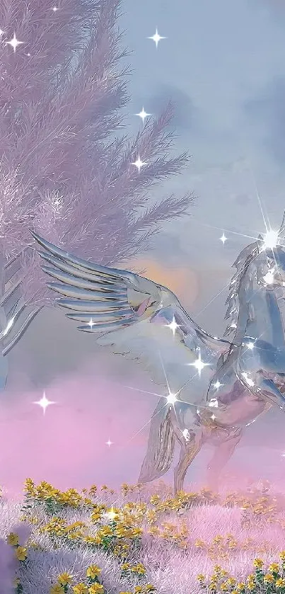 Shimmering unicorn in a pastel fantasy landscape with pink and purple hues.