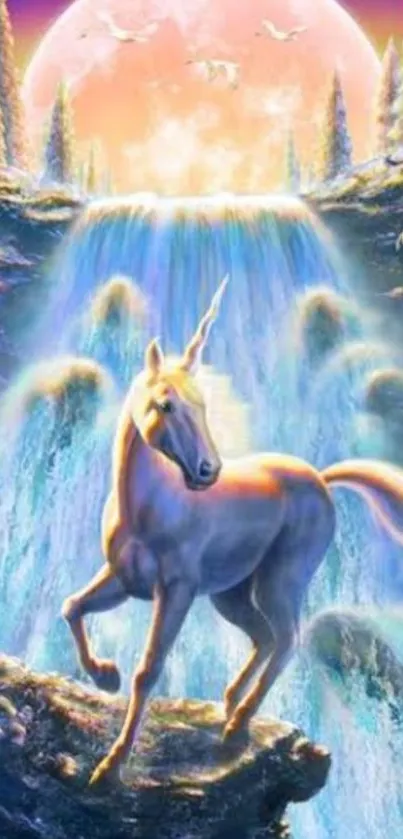 Magical unicorn in a moonlit fantasy waterfall scene.