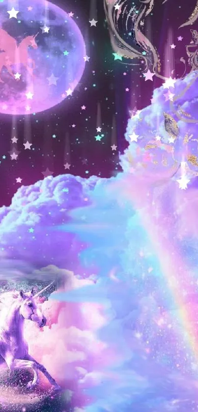 Magical unicorn in a vibrant galaxy with a pink moon and rainbow.